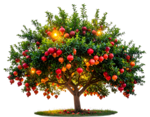 Lush, fruit-laden tree with glowing orbs amidst green foliage