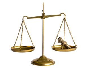 Golden balance scales comparing empty bowl to rolled paper