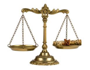 Ornate bronze balance scale with a scroll in one pan