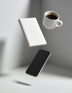 Minimal Workspace Floating in Zero Gravity, Notebook, Smartphone, Coffee Cup, Soft Shadows, Clean Modern Design, Contemporary Office Concept, Minimalist 3D Arrangement, Sleek Productivity