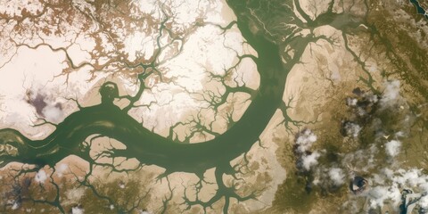 Aerial view of a meandering river