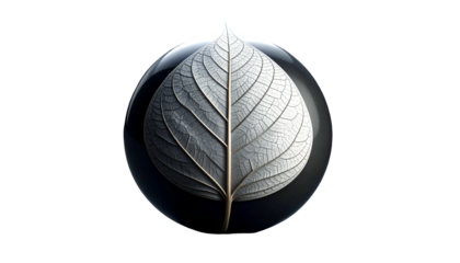 An artistic leaf detail inside a glossy, dark sphere against black