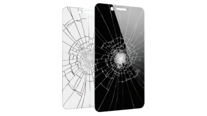 Shattered smartphone displays: contrasting white and black screens with radial crack patterns