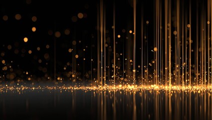 Abstract design with gold particles and lines against a dark background, reflecting below