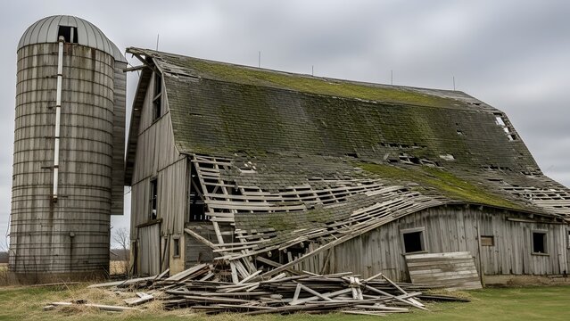Dilapidated wooden barn with mossy roof and tall silo under cloudy sky decaying - Powered by Adobe