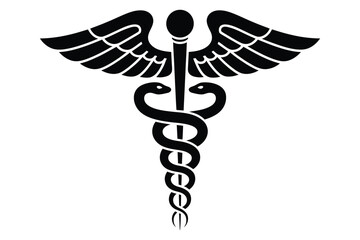 Black caduceus medical symbol featuring wings and twin snakes, traditional healthcare and medicine emblem, clean vector illustration suitable for medical branding, clinic signage, education materials,