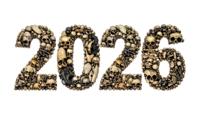 2026" displayed using bone imagery on a stark black background