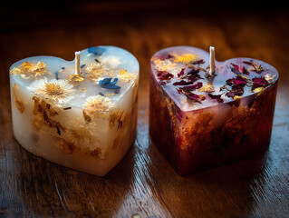Heart-shaped candles with floral inclusions