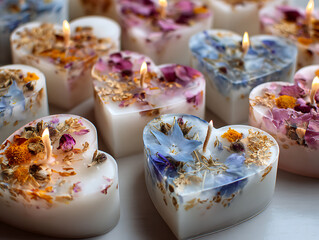 Heart-shaped candles with pressed flowers