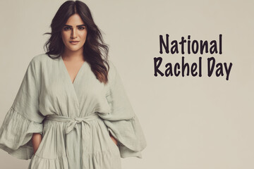A person with dark hair wears a light green dress with wide sleeves and a tied waist standing against a plain background. National Rachel day concept