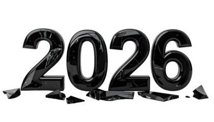 Sleek, glossy "2026" in black, with shattered glass elements