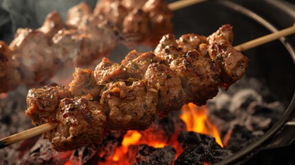 Grilled meat skewers over open flame