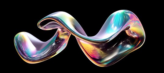 A flowing, iridescent, twisting form against a black background, with smooth, reflective surfaces