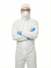 Young male industrial worker head covered standing straight with crossed arms isolated on white background head to thigh