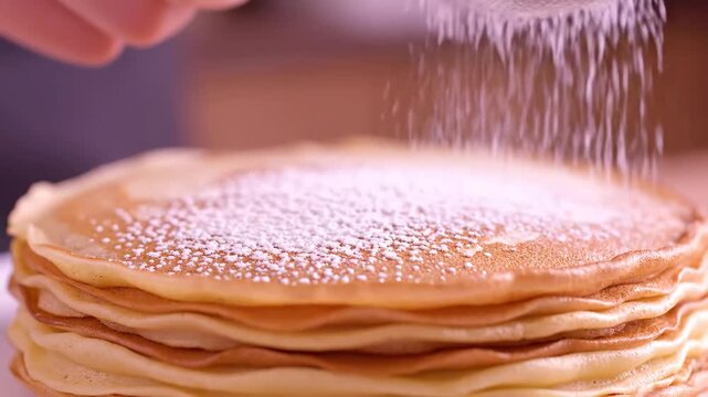 Powdered sugar falling onto a stack of freshly made golden pancakes