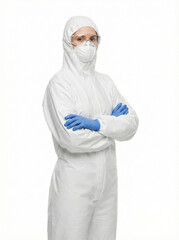 Young female industrial worker head covered standing straight with slight angle and crossed arms isolated on white background