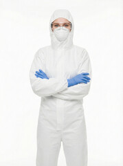 Young female industrial worker head covered standing straight with crossed arms isolated on white background head to thigh