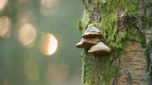 Birch polypore Fomitopsis betulina growing on mossy birch tree trunk