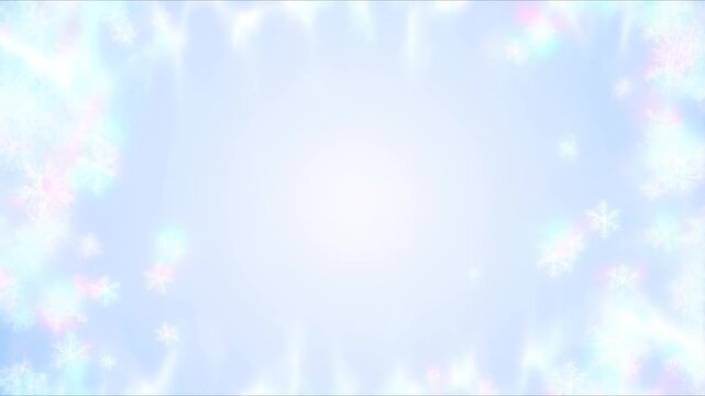 A magical winter overlay snowflakes fall along edges frame while soft aurora lights flow background. Snowflakes glow pastel hues light blue, pink, green, cluster delicate patterns along corners frame