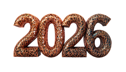 Rendered 3D copper-toned "2026" with woven pattern on a black backdrop
