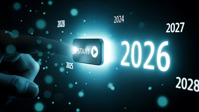 Hand pressing start button for 2026 with glowing timeline background