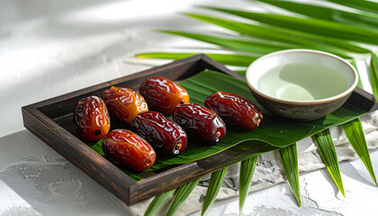 ramadan iftar dates and water are traditionally served on a wooden tray with lush green leaves symbolizing islamic celebration and healthy lifestyle.