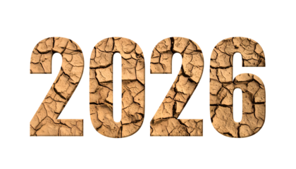 2026" text, textured with dried earth, isolated on black background