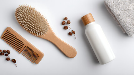 Wooden hairbrush and comb with white bottle and towel on white background isolated on a transparent background