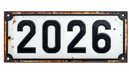 Aged house number sign with prominent black numerals on a white background