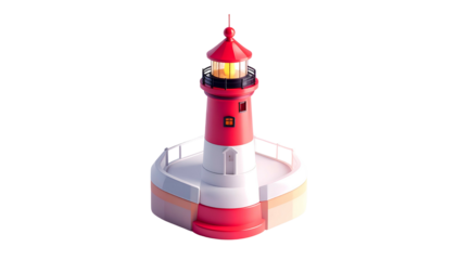 Isometric view of a stylized, red and white lighthouse, beacon aglow