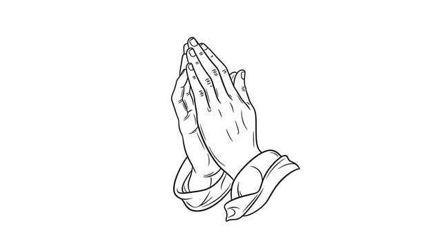 Black and white line art illustration of two hands pressed together in prayer, isolated on white background