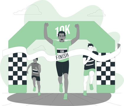 Man crossing the finish line at a 10K race with checkered flags and other runners - Powered by Adobe