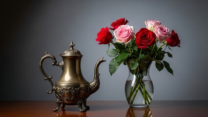 Still life with roses and teapot.