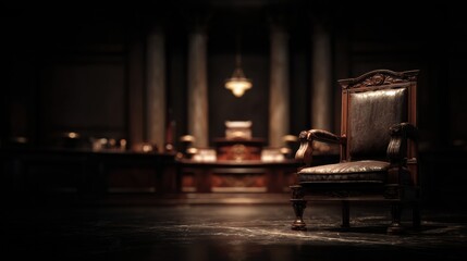 Courtroom Setting With an Empty Chair Symbolizes Absence of Justice and Decision Making in a Legal Environment