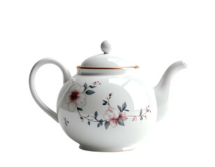 Ceramic teapot with floral design, handle, spout, and lid, on a dark backdrop