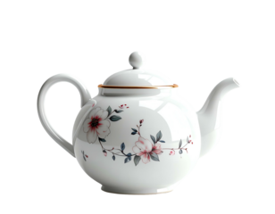 Ceramic teapot with floral design, handle, spout, and lid, on a dark backdrop