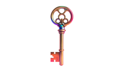 Ornate, vintage key with a colorful glow against a black background
