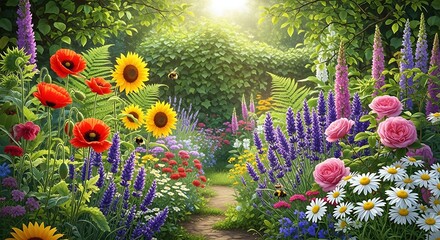 Vibrant garden with colorful flowers blooming.