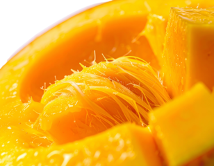 Macro of a halved, diced fruit revealing fibrous interior