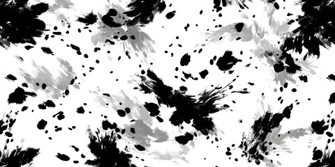A monochrome abstract pattern featuring brushstroke splatters and small scattered dots on a white backdrop