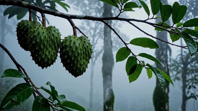 Misty Jungle Scene With Hanging Breadfruit Clusters.