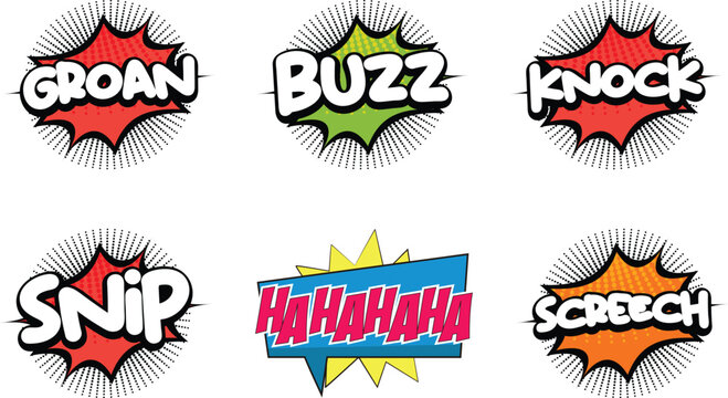 Comic Sound Effect Text Bubbles Groan Buzz Knock Snip Hahaha Screech Vector Set