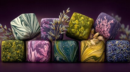 Aromatic artisanal soaps with natural ingredients and relaxing lavender scents are displayed