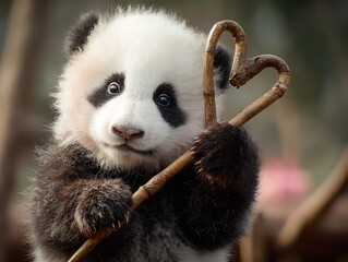 Curious panda cub with bamboo