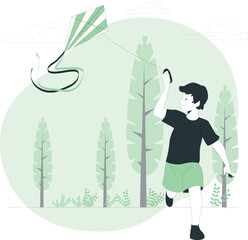 A boy flying a kite in a serene forest glade with tall trees surrounding him. © SBD