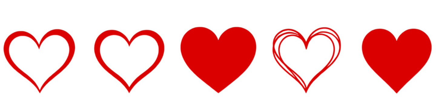 Set of red heart icons featuring simple outline, hand-drawn sketch, and solid filled designs. Clean romantic love symbols isolated on a white background, suitable for Valentine&rsquo;s Day, weddings, logo.