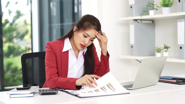 Asian business woman feeling stress and tired from work sitting on the chair about constant headaches a migraine of working hard at office.