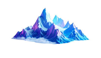 Stylized peaks of snow-capped mountains over clouds, vibrant blue and purple