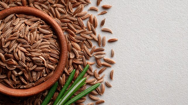 Aromatic cumin seeds in a wooden bowl with rosemary sprigs on neutral backdrop, a spice culinary
