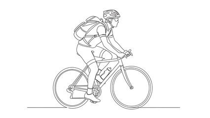 Cyclist riding a bicycle with a backpack, line art drawing of a man cycling, side view